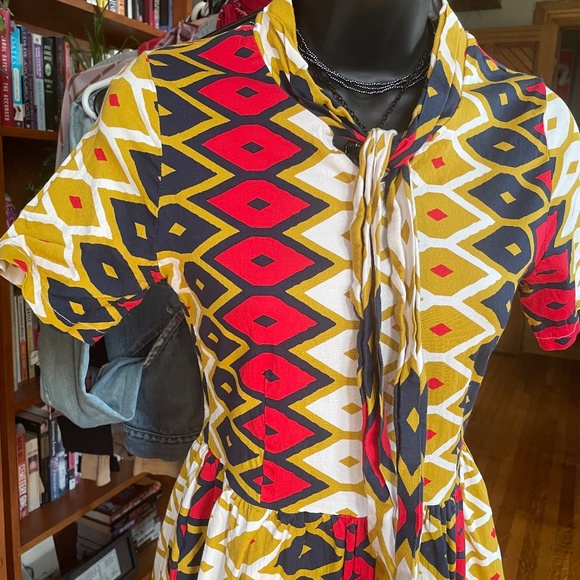 Gold, Navy, White & Red Retro-Style Diamond Pattern Dress (Size Medium) - Picture 3 of 7